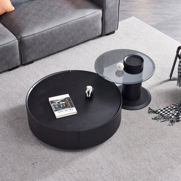 Black & Grey Round Nesting Coffee Table Set with Storage & Tempered Glass